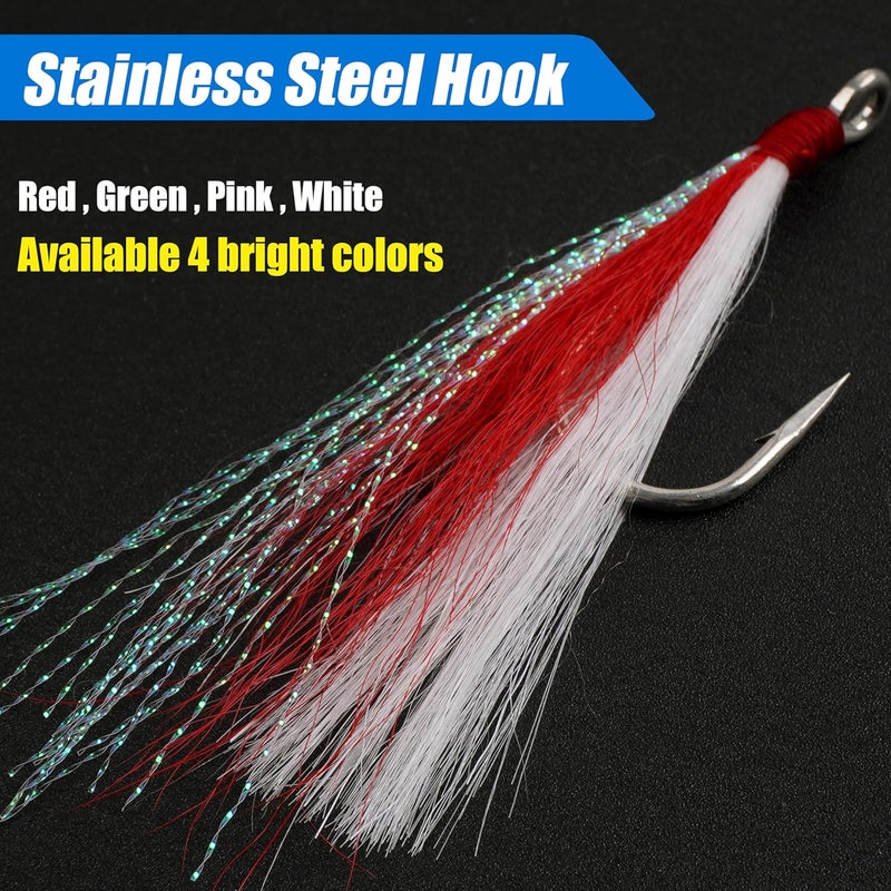 FUSIGO Fishing Bucktail Teasers Hooks Saltwater Flounder Rigs Bottom Rigs Stainless Steel Hook Bucktail Mylar Flash Teasers for Snapper Catfish Cod Flounder Hi-Lo Rigs - Image 4